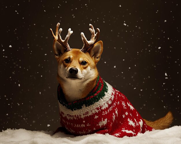 Photo shiba inu with christmas sweater and reindeer antlers in snow