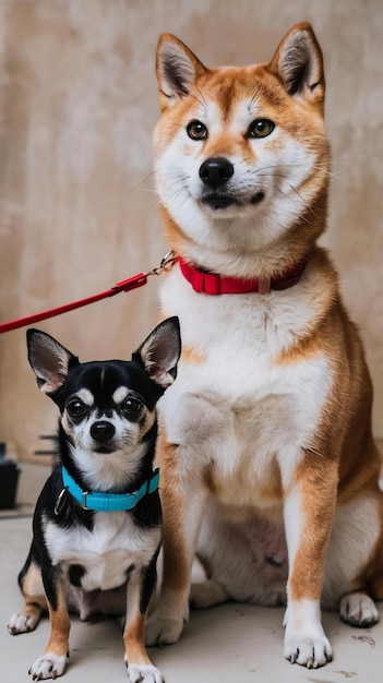 Shiba inucat and chihuahua in studio