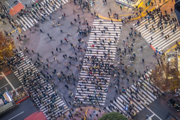 Shibuya Crossing from top view at night in Tokyo, Japan (slow shutter speed blur effect)