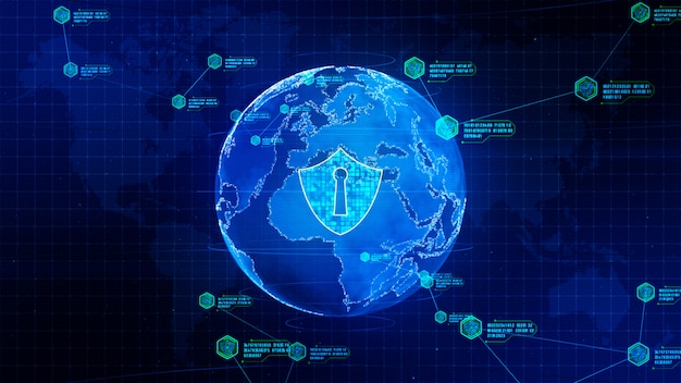 Shield icon on secure global network, Technology network and cyber security concept.