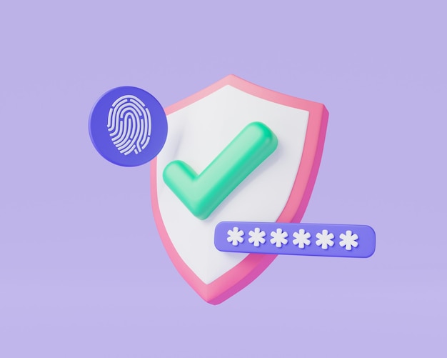 Shield protection with checkmark password and Fingerprint privacy security finger digital security modern shield safety password security fingerprint scanning 3d render illustration