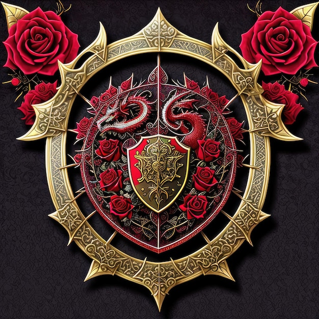 A shield with a dragon on it that has roses on it.