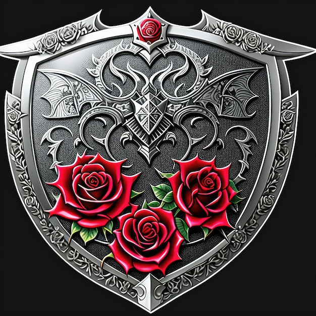 A shield with red roses on it and a silver sword on the front.