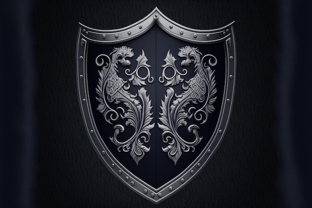 A shield with a silver design and a dragon on it