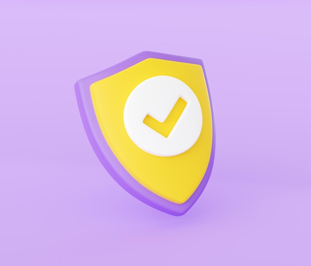 Shield with tick 3d render security and safety concept with check mark on shield isolated on purple background