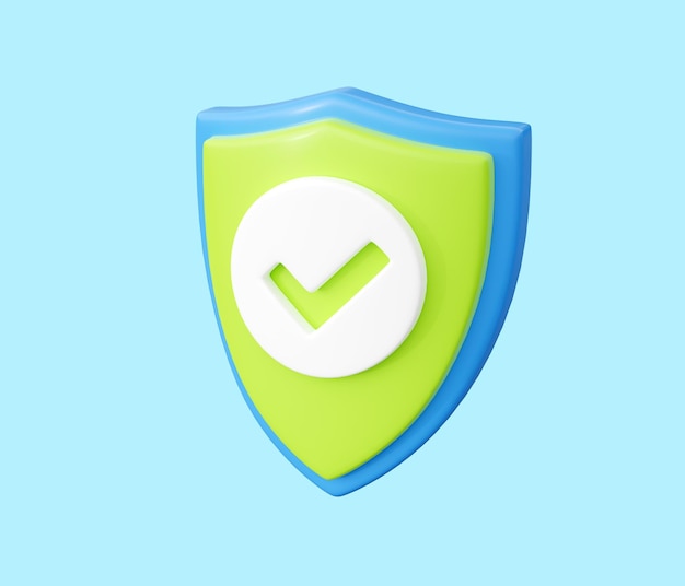 Shield with tick 3d render security and safety concept with check mark on shield