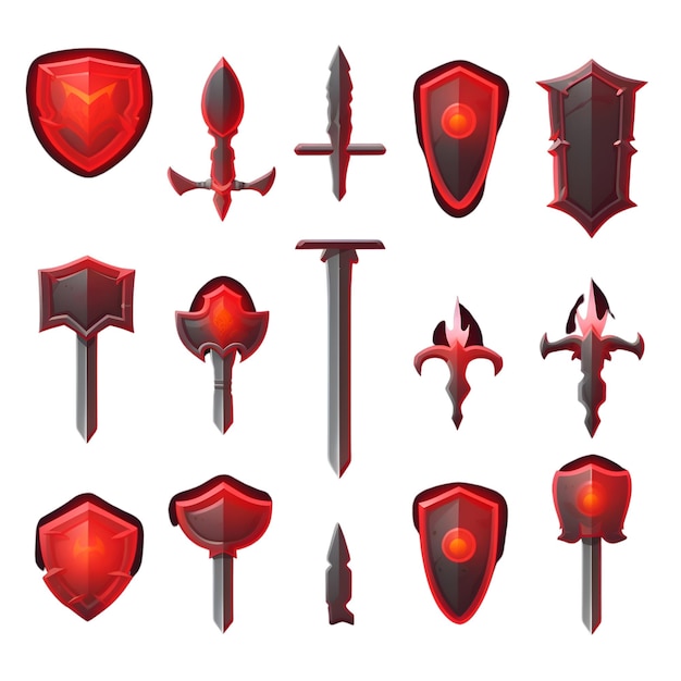 Shields and swords icon set Cartoon set of shield and swords vector icons for web design