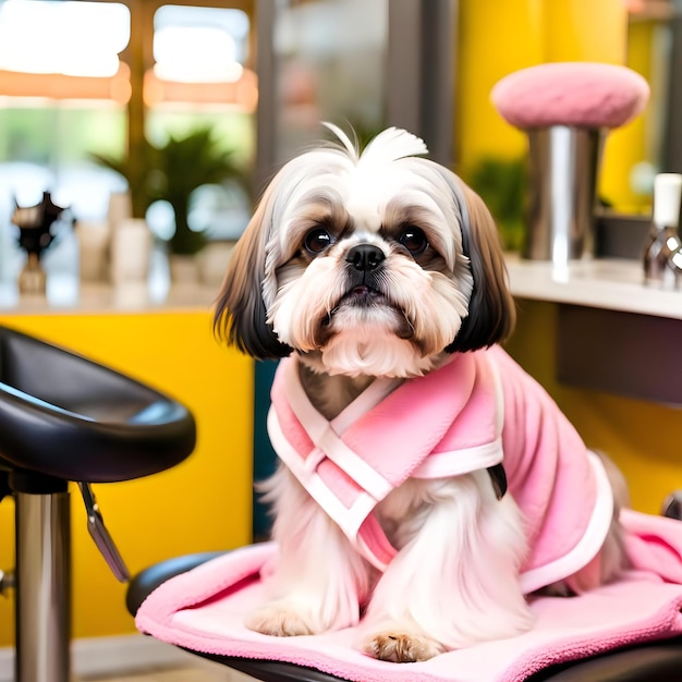 Photo shih tzu dog gets a haircut at the pet barber