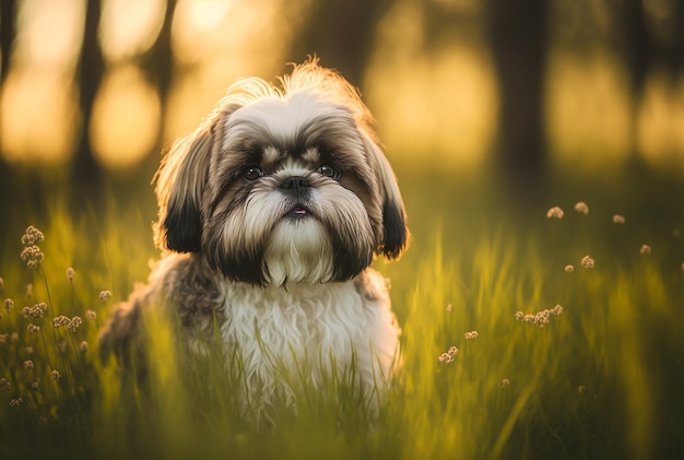 Shih Tzu Dog On A natural spring field Illustration Generative AI