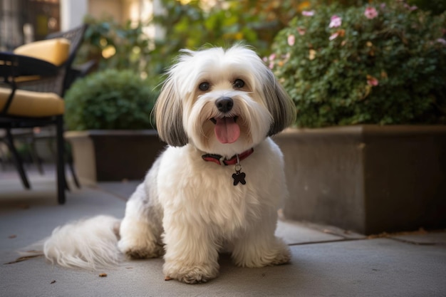 Shih tzu dog sitting on the sidewalk in the city AI Generated