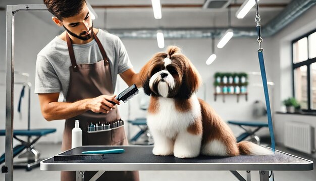 Photo a shihtzu dog being brushed on a grooming table