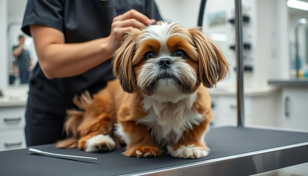 A shihtzu dog being brushed on a grooming table