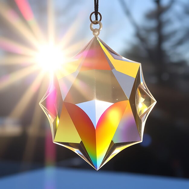 Photo shimmering 3d prism suncatcher with translucent opalescent glass suncatcher refracts sunlight into