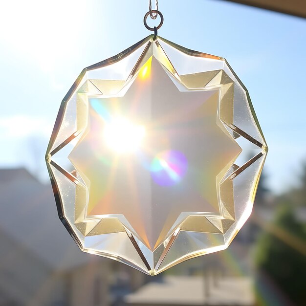 Photo shimmering 3d prism suncatcher with translucent opalescent glass suncatcher refracts sunlight into