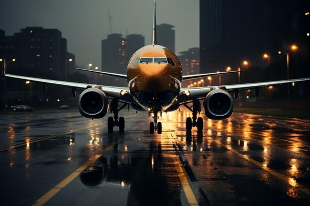 Shimmering civil aircraft with vibrant lights on runway against stunning urban cityscape