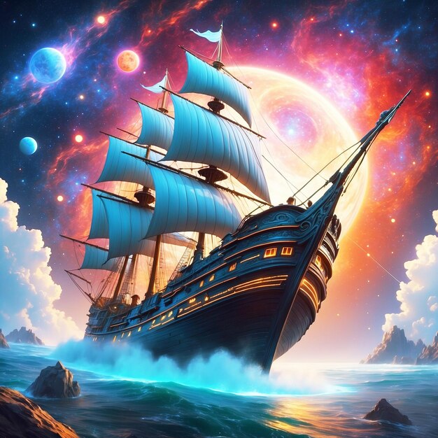 A shimmering cosmic caravel sails through a vividly pa