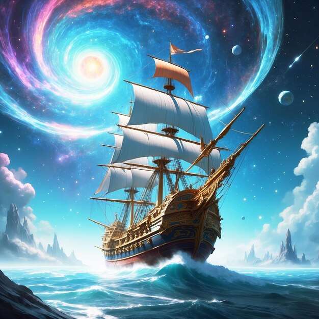 A shimmering cosmic caravel sails through a vividly pa