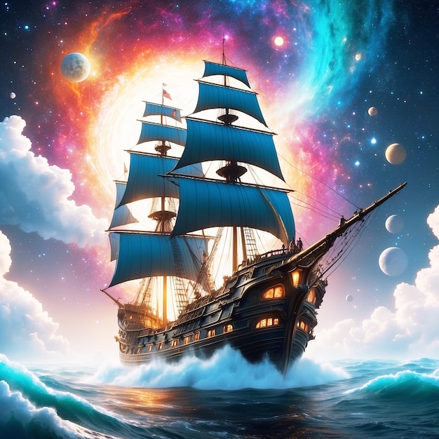 A shimmering cosmic caravel sails through a vividly pa