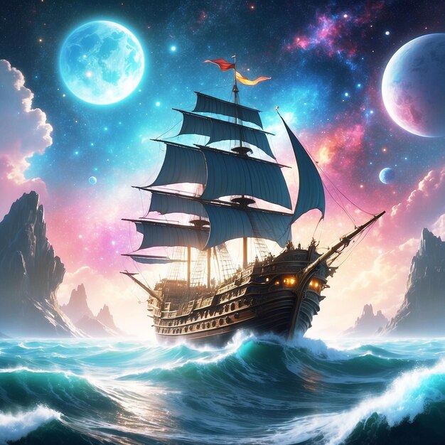 A shimmering cosmic caravel sails through a vividly pa