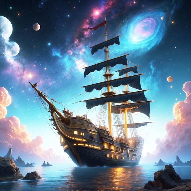 A shimmering cosmic caravel sails through a vividly pa