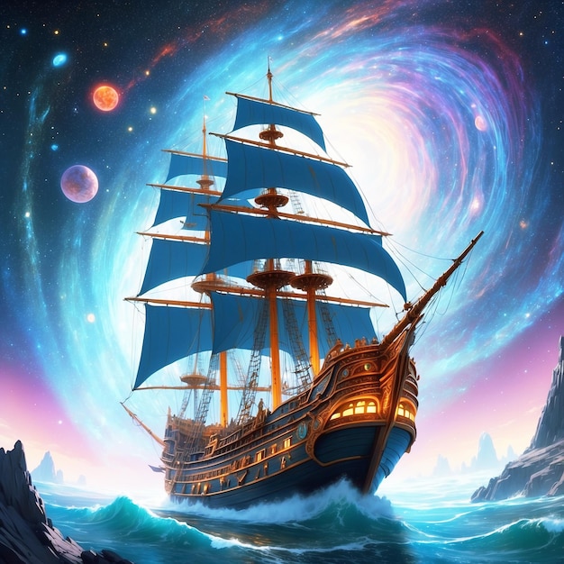 A shimmering cosmic caravel sails through a vividly pa