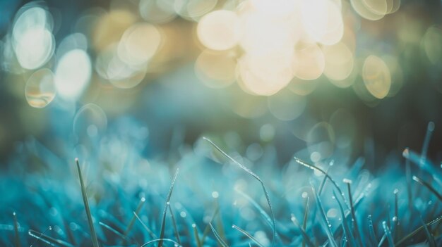 Shimmering dewcovered grass with vibrant light bokeh in the background creating an ethereal and magical morning atmosphere