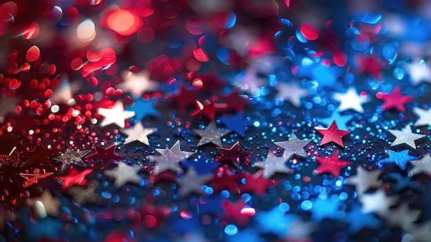 Shimmering glittering blue red and white stars lit by light festive patriotic background