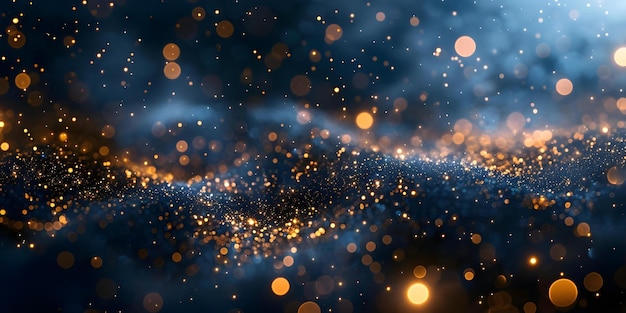 Shimmering Golden Light Particles on a Navy Blue Abstract Background with Black and Gold Specks Concept Abstract Art Shimmering Light Golden Particles Navy Blue Background Black and Gold Specks