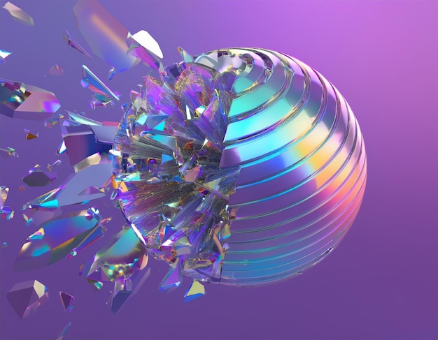 Shimmering iridescent sphere shatters into numerous shards