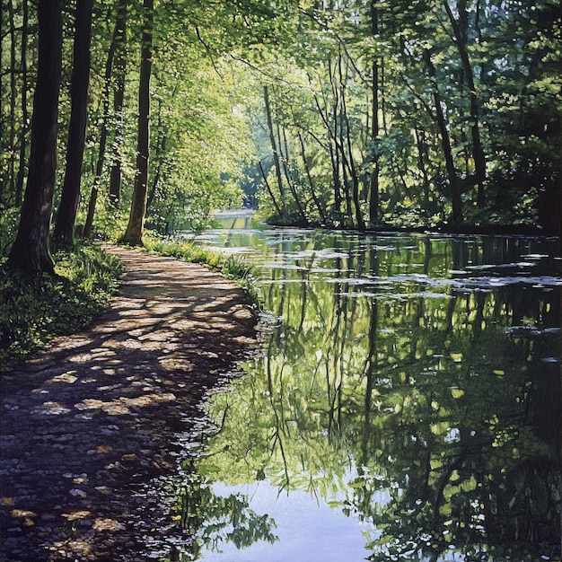 Photo a shimmering lake appears beside the path its waters reflecting the canopy above like a mirror