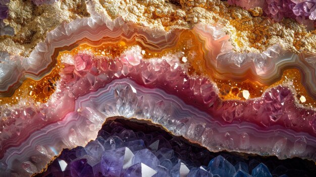 Shimmering Macro Closeup of Pink Purple and Gold Geode Crystal Minerals Serene Gemstone Background Image