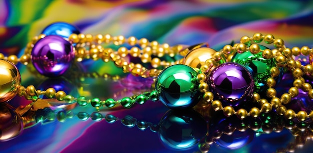 Shimmering Mardi Gras beads in gold green and purple hues on a multicolored reflective background