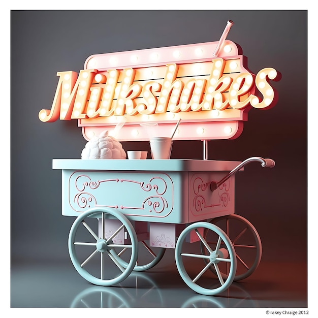 Photo shimmering milkshakes signboard with glass retro 3d milkshake cart evoking nostalgic memories pas