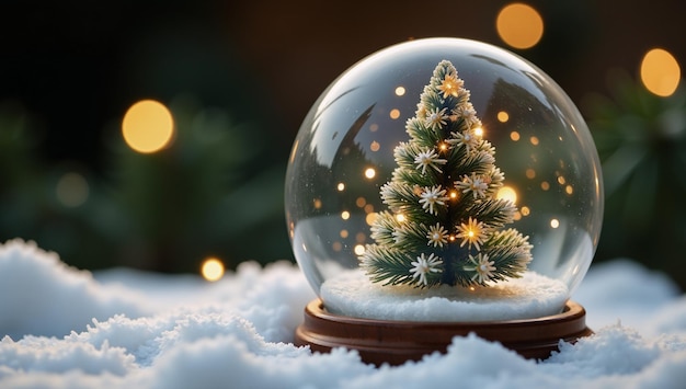 Shimmering snow globe with a gleaming Christmas tree