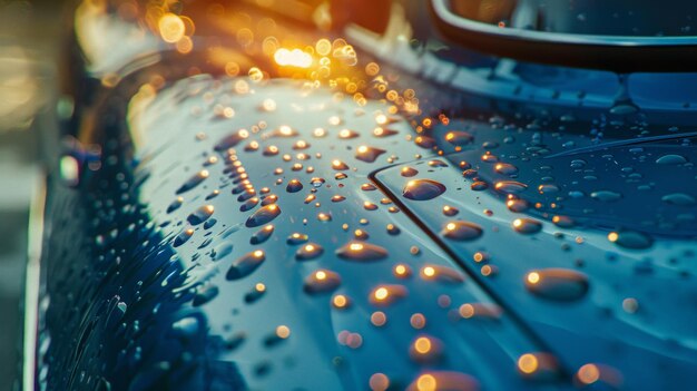 Shimmering water droplets bead on the sleek surface of a vehicle glistening in golden light