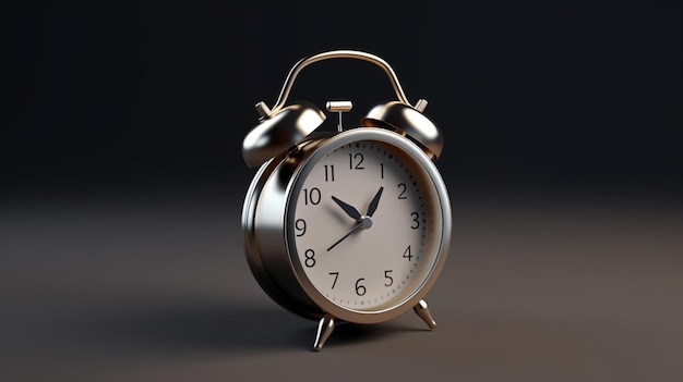 A shining 3d silver alarm clock isolated on dark background