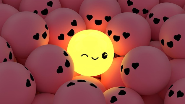 Shining ball with smiley face among many pink balls with love face 3D rendering background