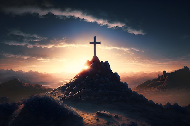 Shining cross on Calvary hill Golgotha blue sky sunset Cross is a symbol of faith and love Grave on the mountain sunrise