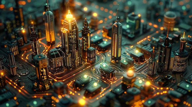 A shining futuristic city standing on a huge illuminated board Technological future