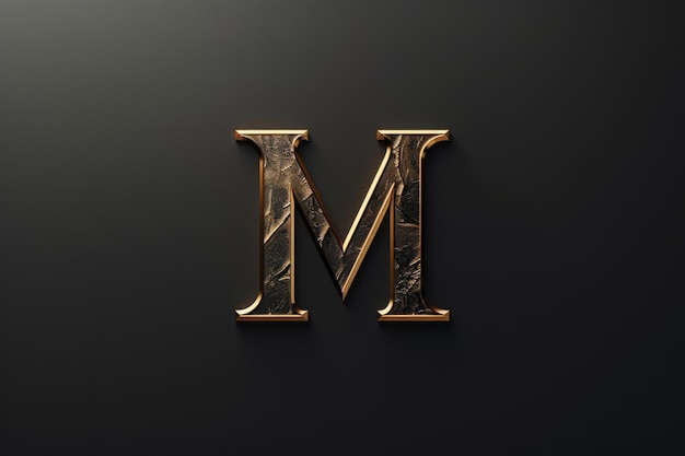 Photo a shining gold letter m on a sleek black background perfect for corporate branding projects