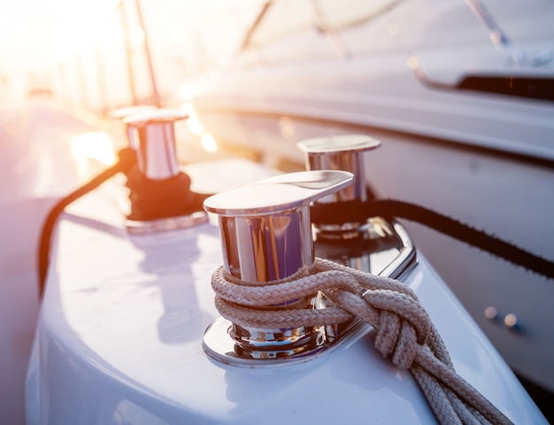 Shining metallic yacht deck details. Daylight background.