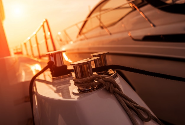 Shining metallic yacht deck details.