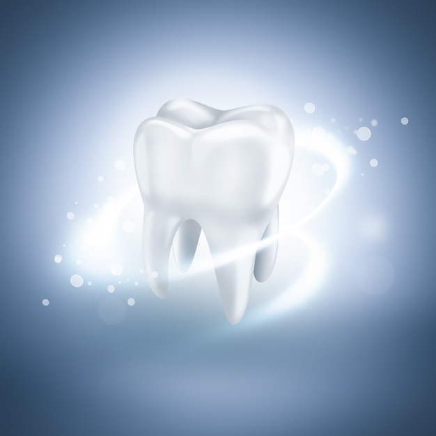 Shining white tooth on light blue background