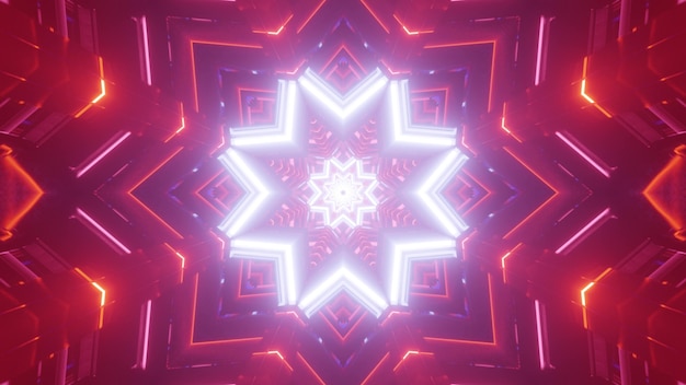 Shiny abstract 3d illustration of luminous white neon star shaped ornament with glowing red backdrop with geometric 