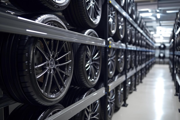 Shiny Alloy wheels automobile on service center racks Generate ai