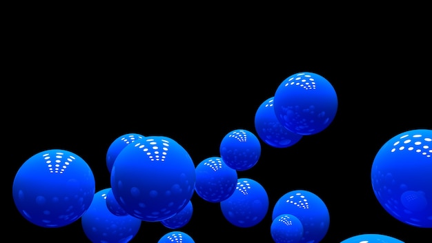 Photo shiny balls in random order hanging in the air on a black background. abstract illustration with spheres. a cloud of blue shiny bubbles.