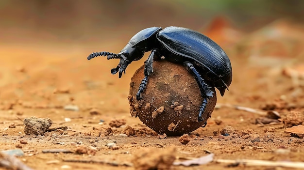 Photo shiny black dung beetle laboriously rolling a large dung ball on dry soil