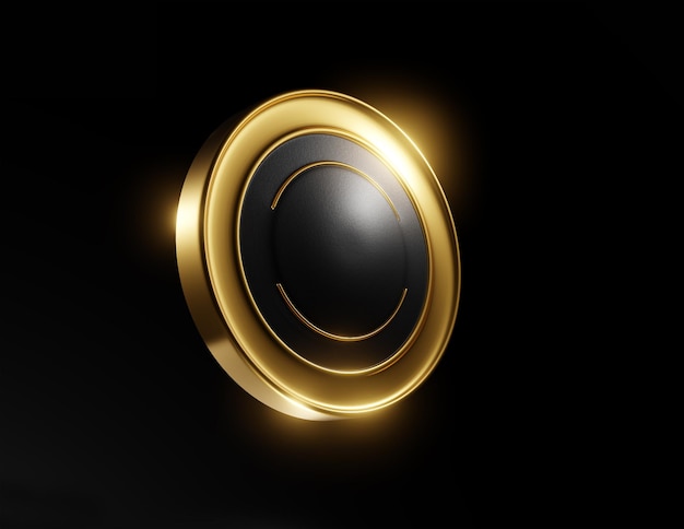 Shiny black and gold button. Abstract 3d element on black background. Render.