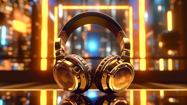 Shiny black headphones reflect golden nightclub lights