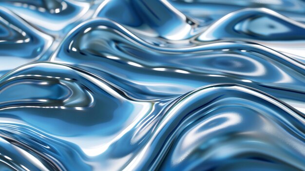 A shiny blue metallic surface with waves and ripples featuring fluid lines and curves